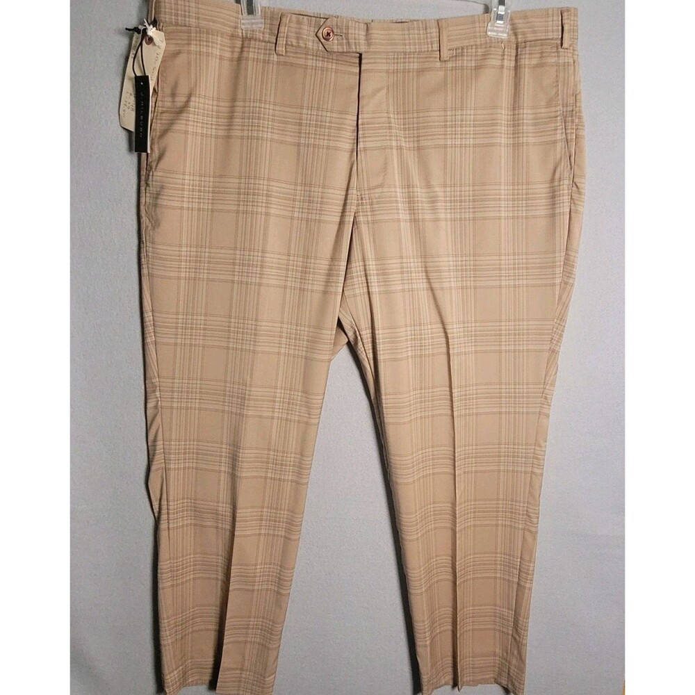 NWT J Hilburn Pants Mens 40x28 Tan Brown Plaid Business Casual Wool Trousers